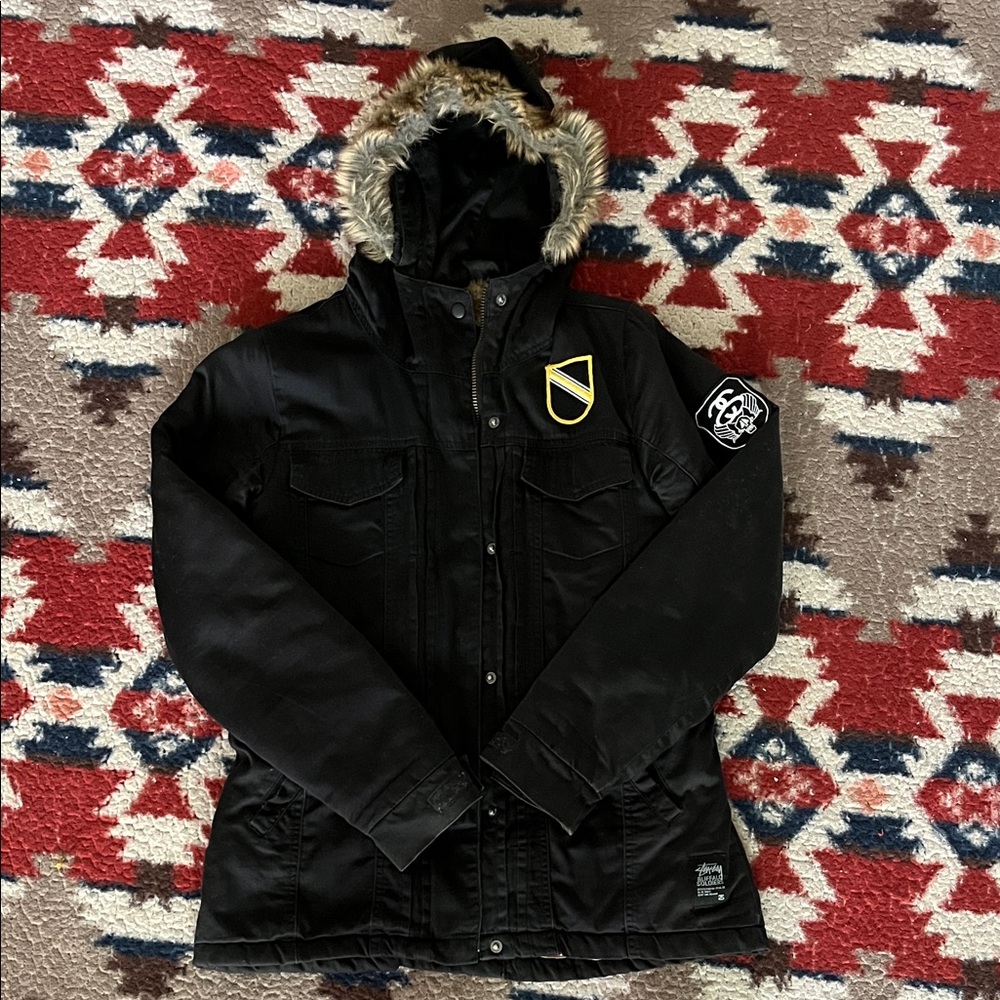 Stussy Buffalo Soldiers Women's Used Black and Brown Fur-Lined Jacket Size S